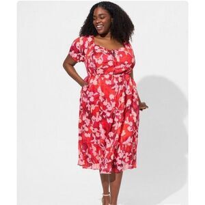 NWT Torrid Midi Cotton Clip Dot Floral Lace Up Smocked Dress Women Sz 1X (14-16)